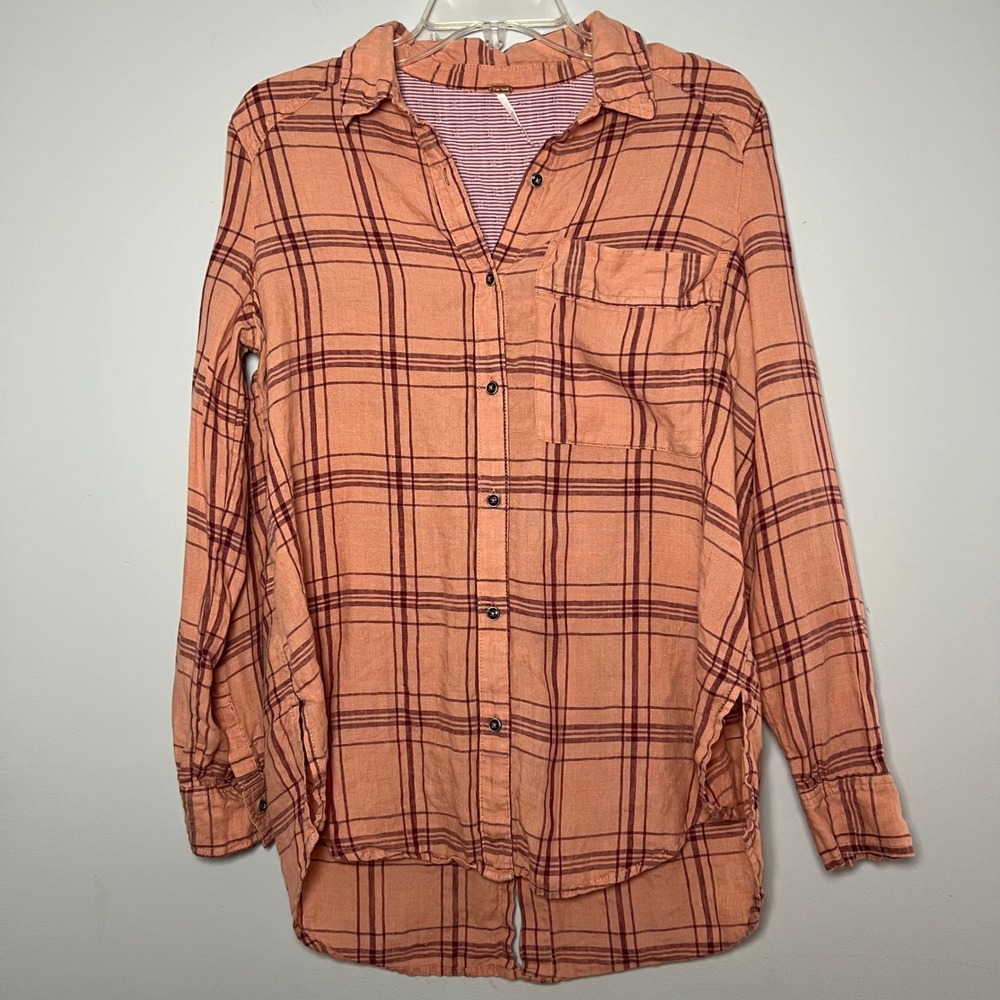 Free‎ People Linen Plaid Button Down Shirt Peach XS Split Back Flowy Coastal